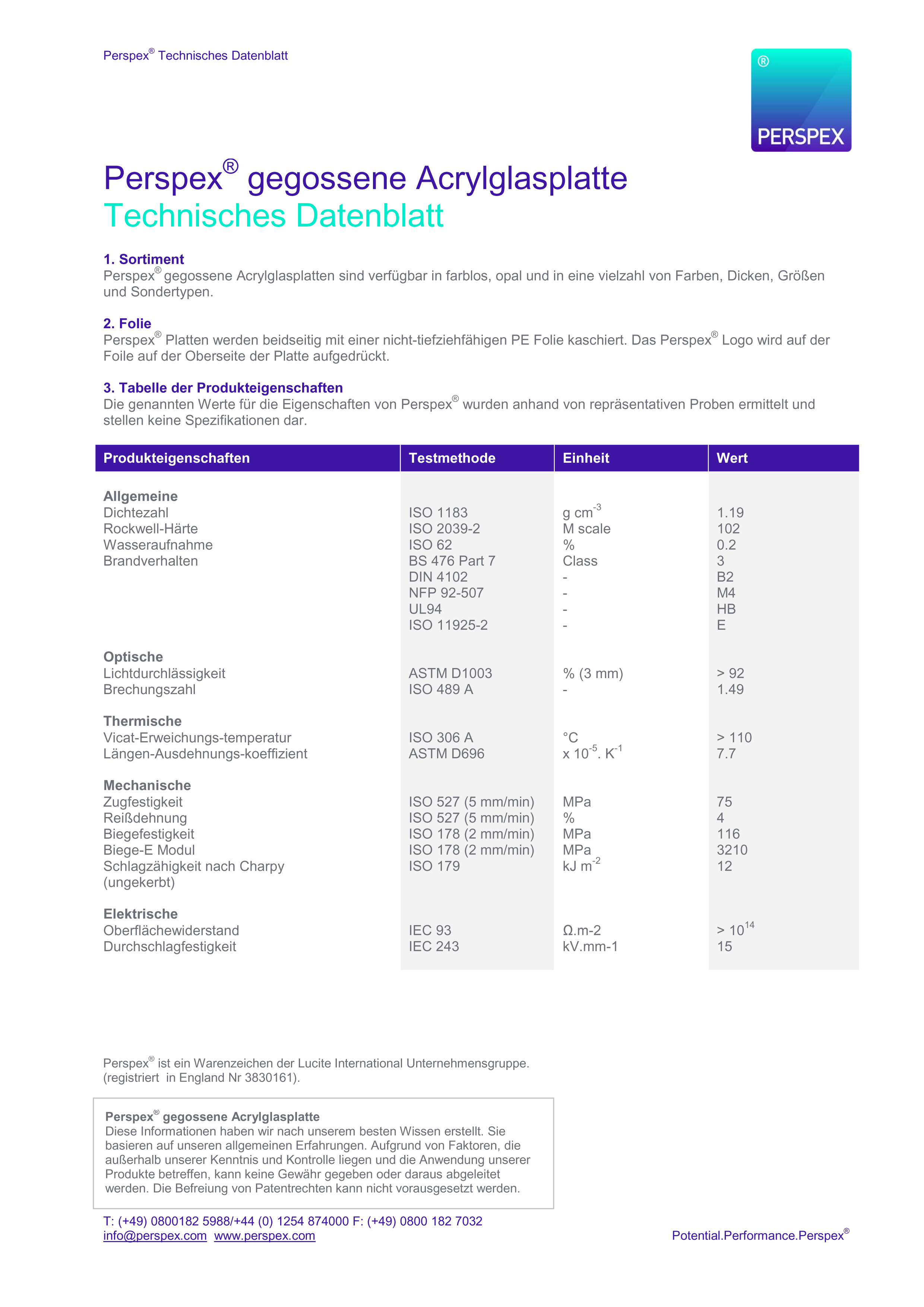 Acrylglas Perspex GS technisches Datenblatt